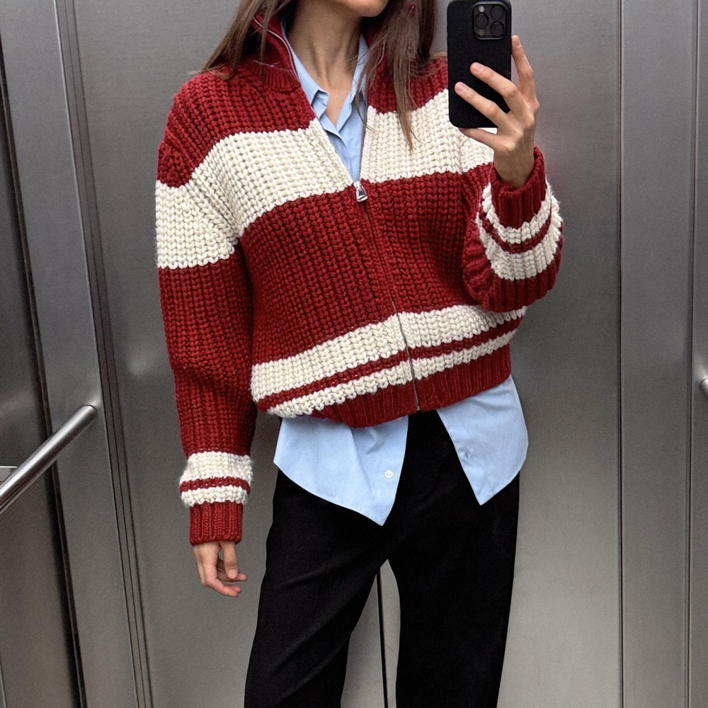 ZARA Wool Mix Knit Zip-Up Sweater